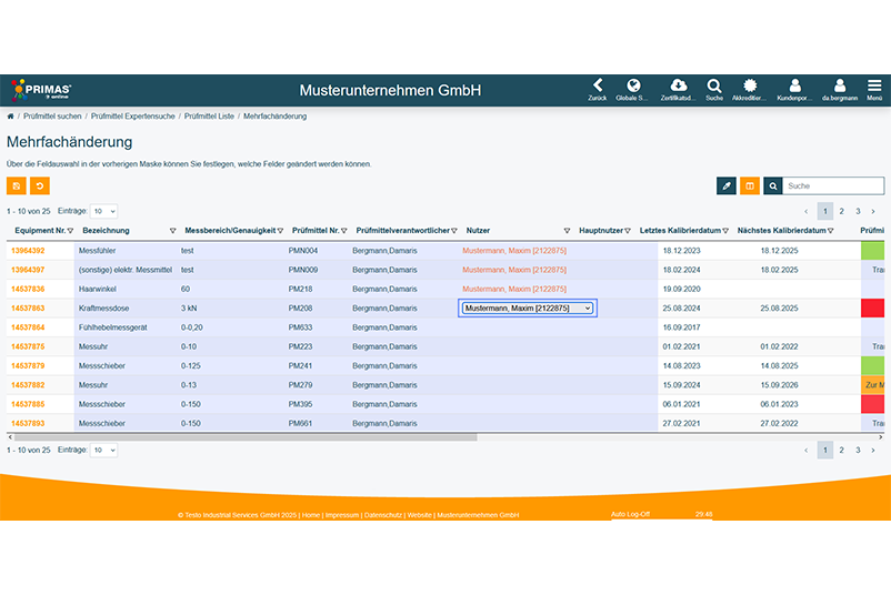 Mehrfachänderung Mehrfachänderungen von Prüfmitteldaten in PRIMAS online