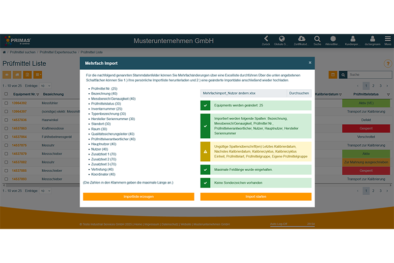 Mehrfach Import Import von Daten in PRIMAS online, um Prüfmitteldaten per Masse zu ändern