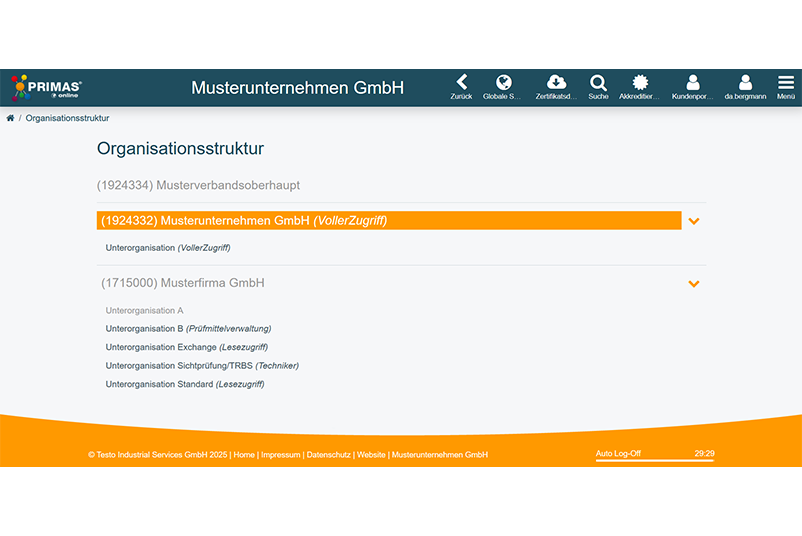 Organisationsstruktur Organisationsstruktur eines Musterunternehmens in PRIMAS online